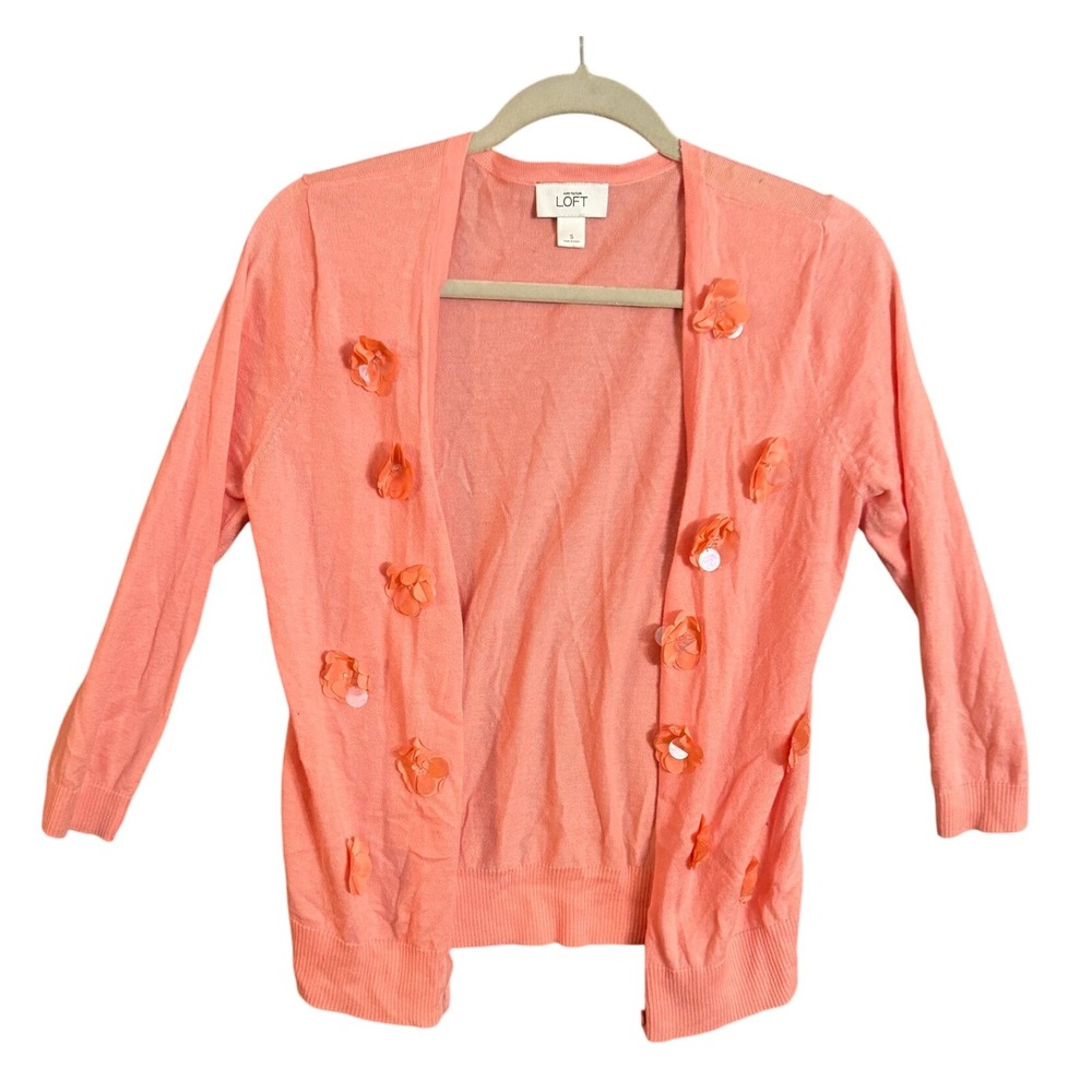 LOFT Womens Pimra Cotton Coral Pink Cardigan Sweater 3D Flower Sequins Size S